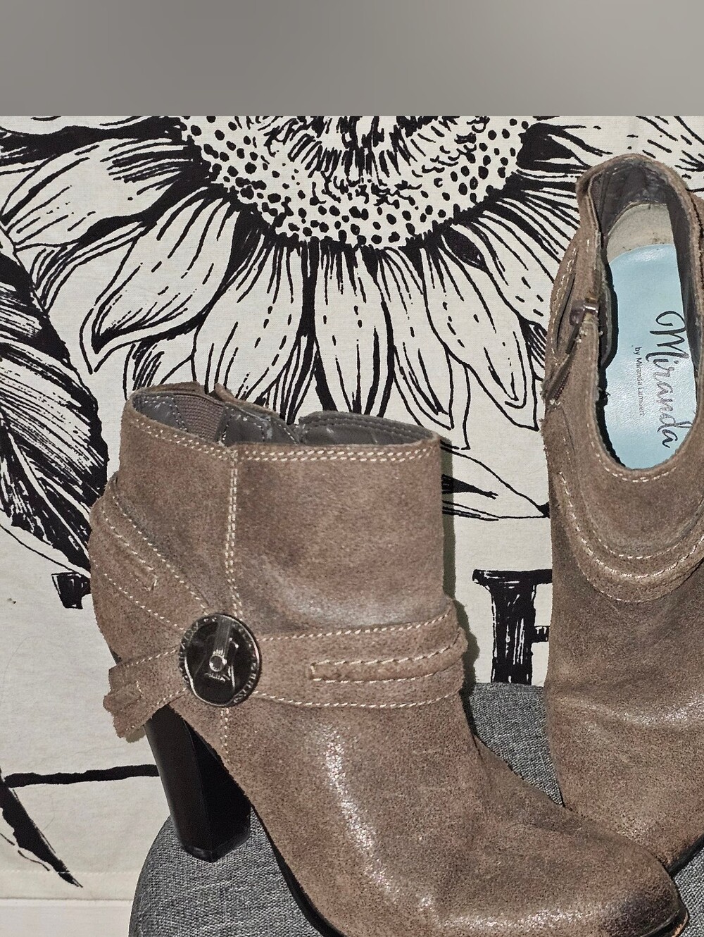 Miranda Lambert Taupe Suede Ankle Boots with Decorative Guitar Buckle 7M